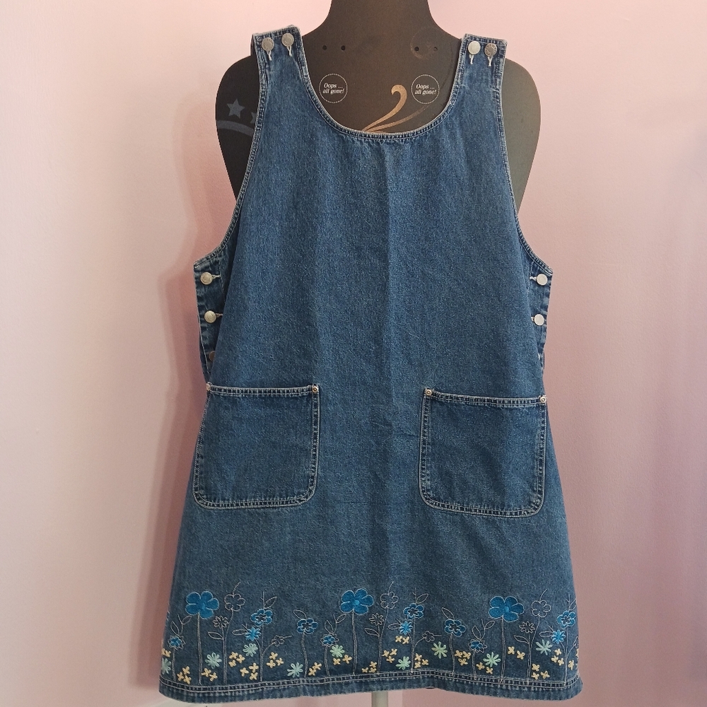 Vintage 90's ERIC CHARLES Denim Jumper Top & Side Buttons Embroidered Hem Sz 1X